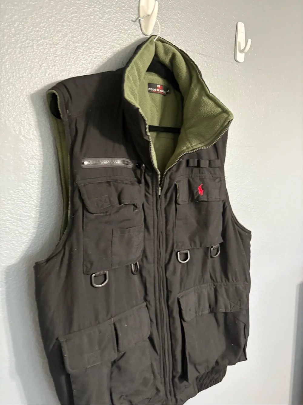 Vintage Polo Jeans Co Ralph Lauren Utility Fishing Vest Black Fleece Lined Sz L